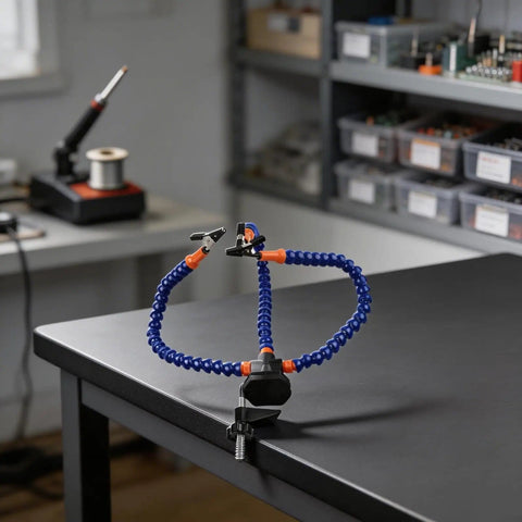 Three Arm Soldering Helping Hands Station With Adjustable Clips And Heat Resistant Stainless Steel Clips on workbench