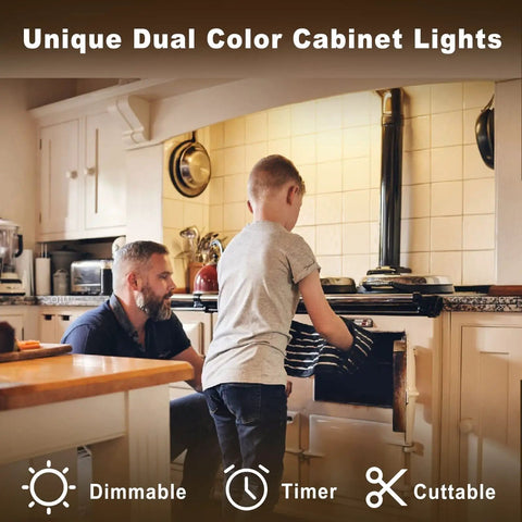 Father and son in kitchen with Under Cabinet Lighting Kit With Six Dimmable LED Lights, Touch And Remote Control, warm white light.