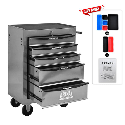 Lockable Rolling Tool Cart Cabinet With Steel Body And Ball Bearing Slides For Garage Workshop Tool Crib Must Haves, silver finish.
