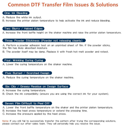 Common DTF transfer film issues and solutions guide for troubleshooting printing problems on DTF Transfer Film Paper.