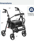 No Sweat Folding Rollator Walker And Transport Chair Combo With Slick Frame Smooth Ride Adjustable Backrest Supports Three Hundred Pounds dimensions showing height, width, and support weight.