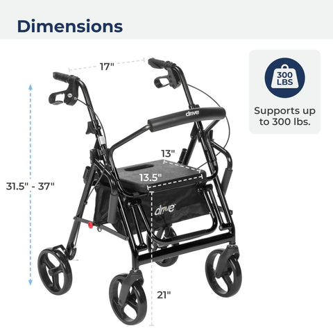 No Sweat Folding Rollator Walker And Transport Chair Combo With Slick Frame Smooth Ride Adjustable Backrest Supports Three Hundred Pounds dimensions showing height, width, and support weight.