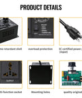 Detailed image showing AC Motor Variable Speed Controller and Fan Regulator features like flame retardant shell, overload protection, 3C plug.