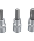Three chrome hex bit sockets (1/4, 5/16, 3/8 in) with knurled collars.