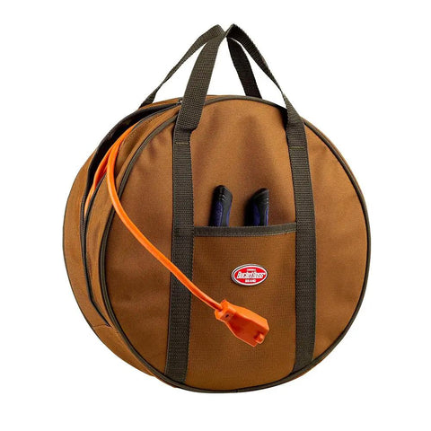Cable Bag For Trucks And Rigs, Truck And Rig Ready Organizer That Fits With Spare Wheel, brown with web handles and pocket