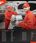 Technicians inspecting BMW engine with laptop, showcasing services compatible with Heavy Duty Electric Water Pump For BMW Sedans And Coupes Top Tier Cooling System Upgrade.