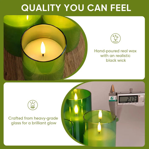 Close-up of green glass flameless pillar candles with remote control, showing realistic flicker and heavy-grade glass material.