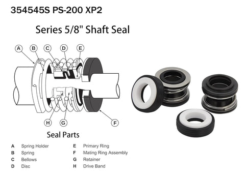 Diagram and components of PS-200 pool pump shaft seal kit 5/8 inch, parts labeled for easy DIY installation.