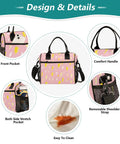 Yellow Insulated Lunch Box With Lightning Bolts Design, Available In Small And Medium, A Handy Workhorse For School Or Work, Durable Nylon Exterior With Pearl Cotton Insulation Keeps Meals Fresh On The Go. Pink lightning pattern insulated lunch box with handles, side pockets, and shoulder strap