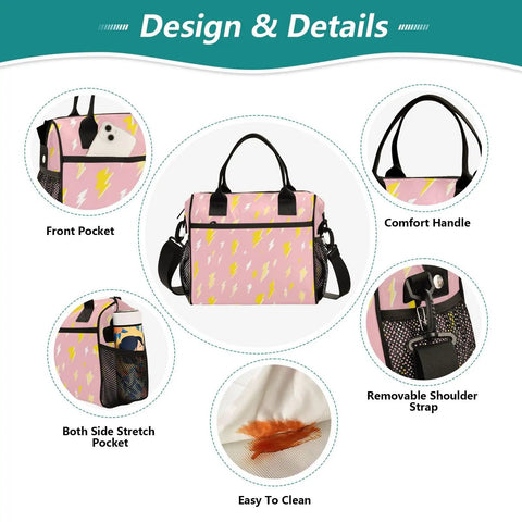 Yellow Insulated Lunch Box With Lightning Bolts Design, Available In Small And Medium, A Handy Workhorse For School Or Work, Durable Nylon Exterior With Pearl Cotton Insulation Keeps Meals Fresh On The Go. Pink lightning pattern insulated lunch box with handles, side pockets, and shoulder strap