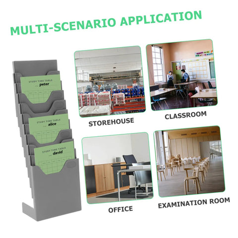 3 Piece Heavy Duty Info Card Storage Rack Doubles As Clock Card Organizer And Time Sheet Holder With Smooth Surface Desktop File Sorter For Offices And Warehouses, showcasing usage in office, storehouse, classroom, and examination room.