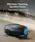 All-In-One Robot Vacuum And Mop For No-Fuss Effortless Home Cleaning, Smart Mapping, Powerful Suction, Auto Recharge, Handles Pet Hair On Carpets And Hardwood, Quiet Black Finish showing Mop Master Technology on hardwood floor.