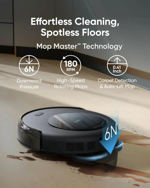 All-In-One Robot Vacuum And Mop For No-Fuss Effortless Home Cleaning, Smart Mapping, Powerful Suction, Auto Recharge, Handles Pet Hair On Carpets And Hardwood, Quiet Black Finish showing Mop Master Technology on hardwood floor.