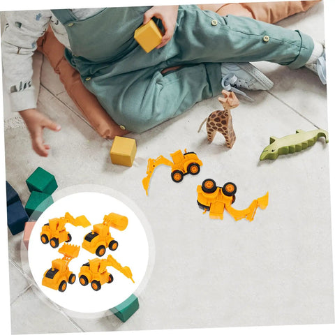 Child playing with 4 Piece Front End Loader Plastic Engineering Vehicle Models for Compact Construction Trucks built for kids.