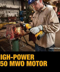 Man using Solid Workhorse 20V Max Cordless Drill Grinder Combo Kit with sparks flying from metal in workshop.