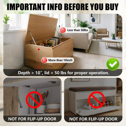 Two Pack Slow Close Hinges for Toy Box and Chest, 15 Inch 100N Gas Springs, safety warning for heavy lids and installation requirements.