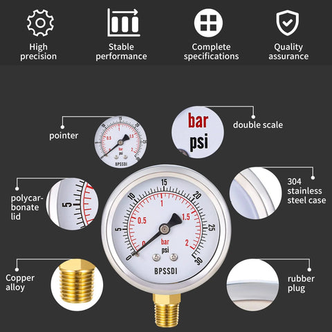 Front view: BPSSDI 0-30 psi low pressure gauge with 2.5 inch dial, 1/4 inch NPT lower mount, 304 stainless steel case