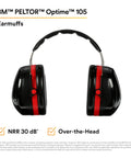 Overhead Hearing Protection Earmuffs With 30 dB NRR, Double Shell Steel Construction, Soft Foam Cushions, Black Red, Front View