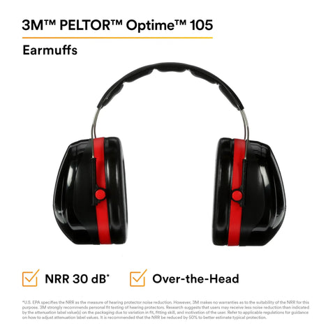 Overhead Hearing Protection Earmuffs With 30 dB NRR, Double Shell Steel Construction, Soft Foam Cushions, Black Red, Front View