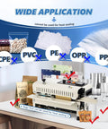 Graphic showing ProGrade Commercial Heat Sealer Machine With Adjustable Temperature And Speed with bag types for sealing