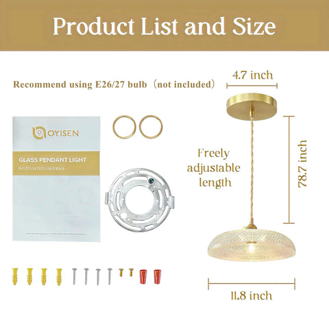 11.8 Inch Retro Glass Pendant Light With Clear Glass Shade And Antique Brass Finish, showing components and dimensions.