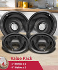 Stove Drip Pan Set For Electric Cooktops, 4 Heavy Duty Enamel Coated Drip Pans, Compatible With Frigidaire, value pack on kitchen counter