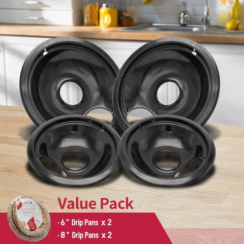 Stove Drip Pan Set For Electric Cooktops, 4 Heavy Duty Enamel Coated Drip Pans, Compatible With Frigidaire, value pack on kitchen counter