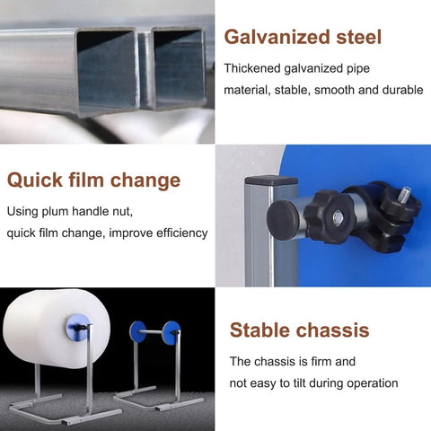 Galvanized steel heavy duty floorstanding bubble wrap dispenser showing quick film change feature and stable chassis design.