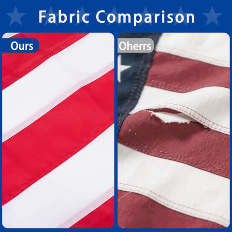 Fabric comparison of Heavy Duty 3x5 Outdoor American Flag For High Wind Waterproof Embroidered Stars Sewn Stripes Brass Grommets UV Fade resistant.