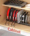 Expandable Pots And Pans Organizer Under Cabinet With Pot Lid Holder And 12 Adjustable Dividers, Space Saving Pan Rack in use
