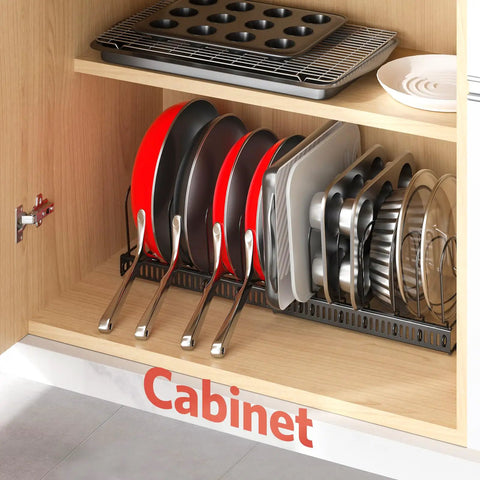 Expandable Pots And Pans Organizer Under Cabinet With Pot Lid Holder And 12 Adjustable Dividers, Space Saving Pan Rack in use