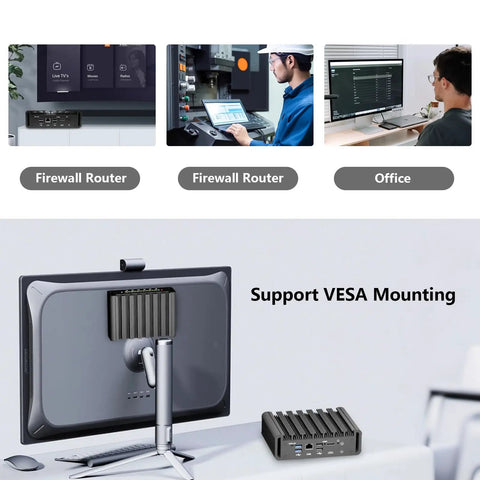 Heavy Duty Firewall Mini PC Router Harnessing Intel J6412 with VESA mounting support beside a monitor in an office setting.