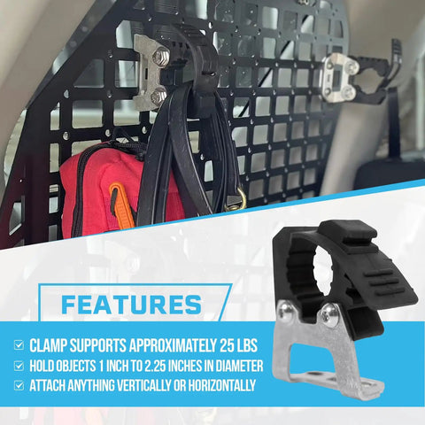 Ride Ready Aluminum Molle Panel Mounts With Quick Fist Clamps Lock In Gear For Add Offroad And Dv8 Rack shown with a red bag and tools.