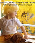 Child and dog near window with Adjustable Window Security Bar For Windows And Sliding Doors With Anti Slip Rubber Tips Rust Proof Finish And Easy Tension Rods From 15.7 To 27.5 Inches Kid Safe Home Security Lock No Brainer Setup