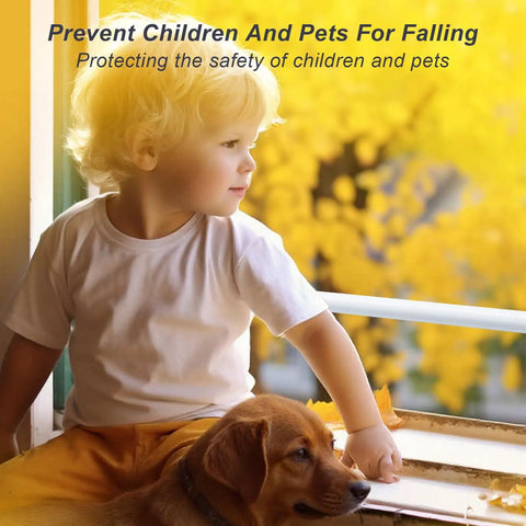 Child and dog near window with Adjustable Window Security Bar For Windows And Sliding Doors With Anti Slip Rubber Tips Rust Proof Finish And Easy Tension Rods From 15.7 To 27.5 Inches Kid Safe Home Security Lock No Brainer Setup