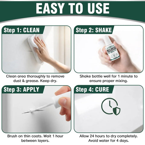 Illustration of steps to use All Surface White Touch Up Paint Pen For Cabinets, Furniture, Walls, Doors, Metal And Enamel Appliances