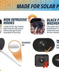 Premium Solar Panel Bird And Critter Proof Mesh Roll With Sixty Fastening Clips image showing J-Hooks and black painted washers for solar installation.