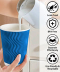 12 Oz Insulated Paper Cups With Ripple Wall For Hot Or Cold Beverages, 50 Count Blue Disposable Cups No Lids in use for milk