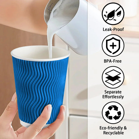 12 Oz Insulated Paper Cups With Ripple Wall For Hot Or Cold Beverages, 50 Count Blue Disposable Cups No Lids in use for milk