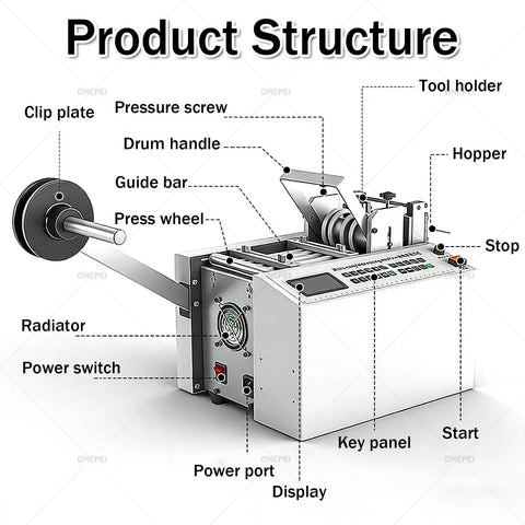 Product structure diagram of Qugurlid Electric Tube Cutting Machine With Auto Heat Shrink Feature and Stainless Steel Body.