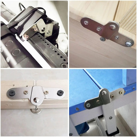 Close-up of three pairs folding flip hinges for toy boxes and storage boxes, showing 90 degree swing and predrilled holes on furniture.