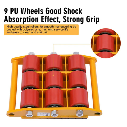 Heavy Duty Machine Dolly Skate With 15 Ton Capacity Moves Industrial Equipment And Warehousing Cargo Smoothly Utilizing All Steel Construction For Reliable Rolling Transport Of Heavy Machinery Anywhere Today showing 9 PU wheels on a sturdy base.