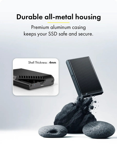 Rugged Aluminum M.2 NVMe SSD Enclosure Delivering Hella Fast 40Gbps USB4 Thunderbolt 4 with durable all-metal housing.