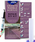 Countertop Repair Kit For Marble Granite Quartz Porcelain Tile And More Clear Finish With Polisher shown with packaging and materials