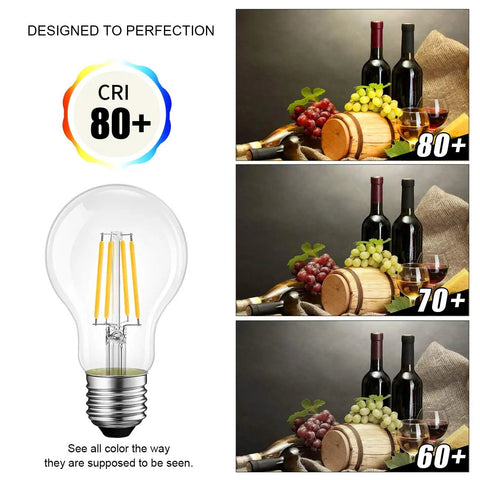 Vintage Filament LED Bulb With E26 Base Dimmable 7W To 60W Equiv, 2700K Warm White, shown with CRI 80+ color comparison images