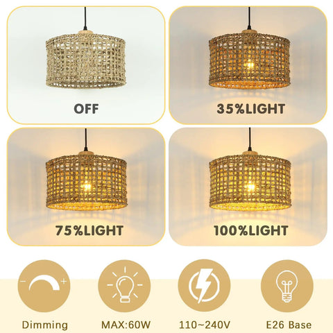 White Rattan Pendant Light With Handwoven Rope Shade For Boho Vibe Kitchen Island And Dining Room lighting settings display