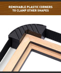 Band Clamp For Woodworking And Picture Framing with removable plastic corner securing a wooden frame