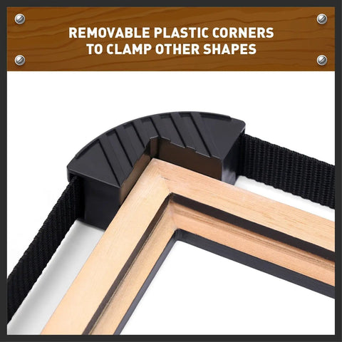 Band Clamp For Woodworking And Picture Framing with removable plastic corner securing a wooden frame
