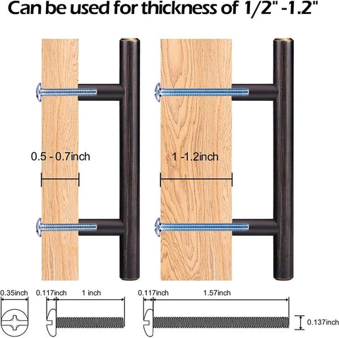 Installation diagram for 30 Pack Oil Rubbed Bronze Cabinet Drawer Pulls Made From Solid Stainless Steel For Kitchen Cabinets Built To Last Beefy Five Inch Center To Center Half Inch Diameter Rugged Heavy Duty Hardware showing fit for wood thickness 0.5 to 1.2 inches.