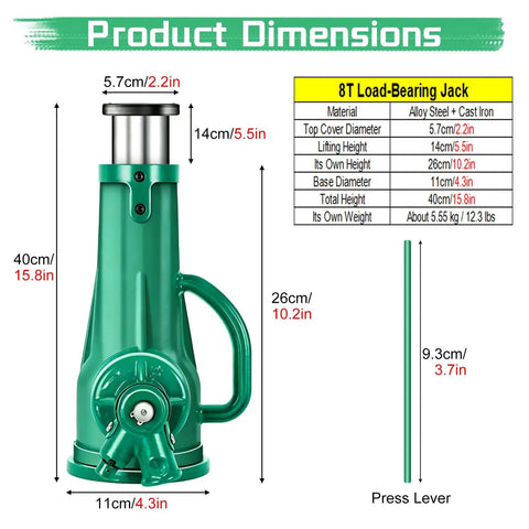 Heavy Duty Bottle Screw Jack For Floor Leveling And Auto Maintenance dimensions chart, ductile cast iron body with solid grip handle.